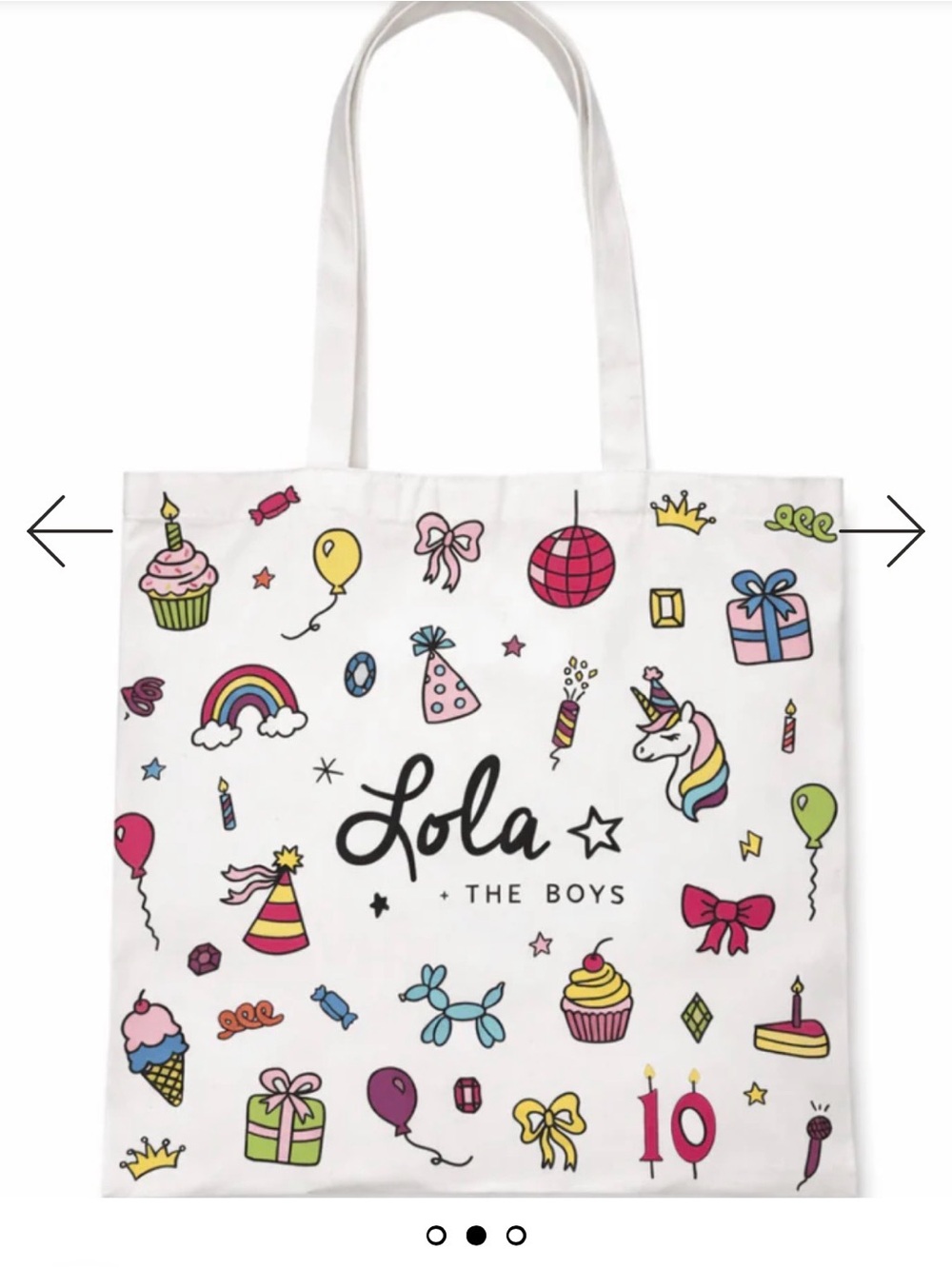 Lola + The Boys White Anniversary Tote Bag with Rainbow Unicorn & Party Print
